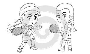 Collection of Cartoon Girl Playing Tennis Ball Used for Coloring Book