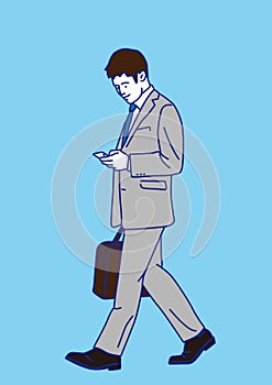 Side portrait businessman walking  using smart phone