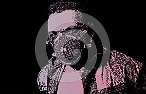 Man wearing respirator ffp3 typy. Worker in th the dust. Dirty mine. Miner on the background of ventilation. Vector halftone image