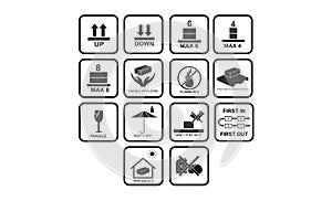 Most used Packaging symbols set on vector cardboard background