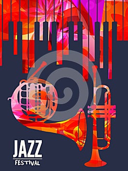 Jazz music festival poster with piano keyboard, french horn and trumpet vector illustration. Music background with music instrumen