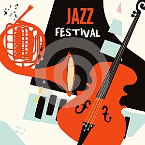 Jazz music festival poster with piano, french horn and violoncello flat vector illustration. Music background with music instrumen