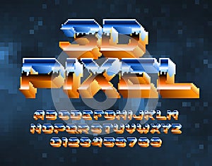 3D Pixel alphabet font. Metallic effect letters and numbers. Abstract pixel background.