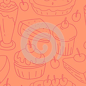 Seamless Cherry Cakes Doodle Pattern, Vector Illustration EPS 10.