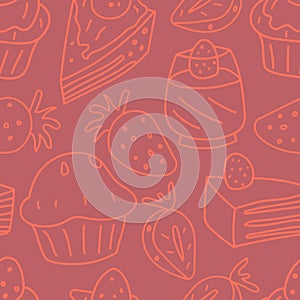 Seamless Strawberry Cakes Pattern, Sweet Cakes Pattern, Vector Illustration EPS 10.