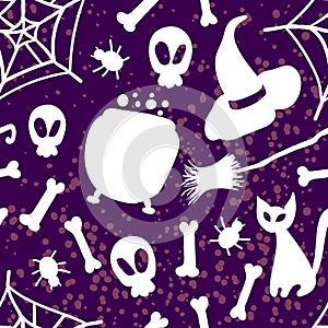 Seamless Witchs Hat, Skull, Bones, Cats, Spider, Web  Pattern, Halloween Background. photo