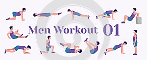 Workout men set. Men doing fitness and yoga exercises. Lunges, Pushups, Squats, Dumbbell rows, Burpees, Side planks, Situps, Glute