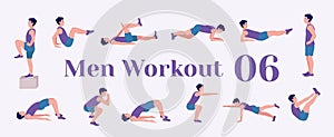 Workout men set. Men doing fitness and yoga exercises. Lunges, Pushups, Squats, Dumbbell rows, Burpees, Side planks, Situps, Glute