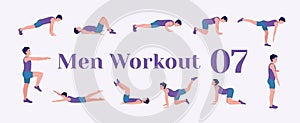 Workout men set. Men doing fitness and yoga exercises. Lunges, Pushups, Squats, Dumbbell rows, Burpees, Side planks, Situps, Glute