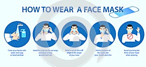 Set of how to wear medical mask or how to wear and remove medical or tips wearing protective medical mask properly concept.