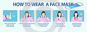 Set of how to wear medical mask or how to wear and remove medical or tips wearing   protective medical mask properly concept.