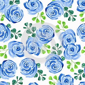 Watercolor seamless pattern with blue rose flower