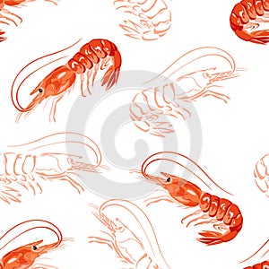 Red cartoon shrimps seamless pattern. Seafood background.