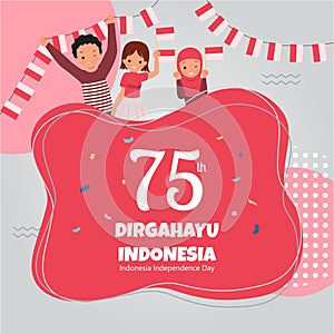 Man and woman holding Indonesian flag. Hari ulang tahun kemerdekaan Indonesia. Flat vector cartoon style design. photo