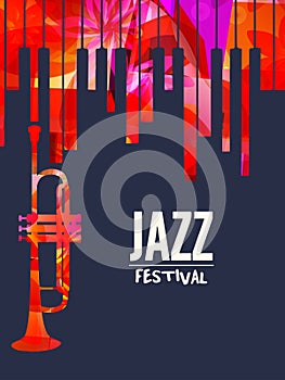 Jazz music festival poster with piano keyboard and trumpet vector illustration design. Music background with music instruments, li