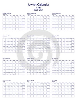 Jewish calendar 2020-2010 Jewish year 5781 with Jewish months and holidays