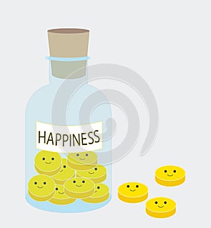 Bottle with happy pills vector. Happiness concept