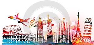 World skyline, famous world landmarks vector illustration design. Travel and tourism background. Colorful turistic landmarks. Arou