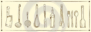 Hand drawn set of kitchen utensils.