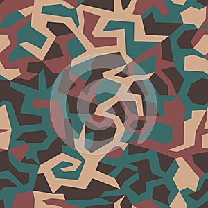 Geometric camo, seamless pattern. Abstract military or hunting camouflage background. Brown, green, black color. Vector