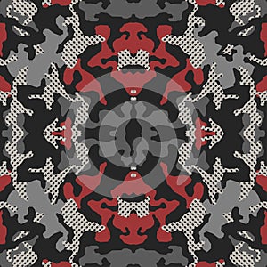 Stylish camouflage seamless pattern. Abstract modern military camo. Urban texture. Black, gray and red color background. Vector