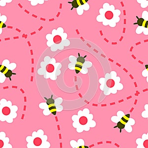 Cute Bees And Flowers Illustration, Seamless Pattern, Vector EPS 10.