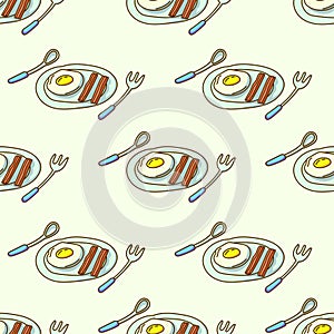 Seamless Breakfast Pattern, Omelet And Bacon Illustration, Vector EPS 10.