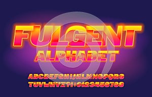 Fulgent alphabet font. Shining letters, numbers and symbols.