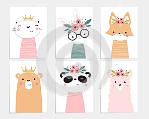 Print. Posters with animals. Cartoon characters. Cartoon animals. Cat, rabbit, squirrel, fox, bear, panda, llama, alpaca