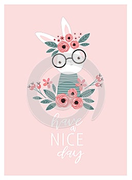 Print. Vector poster with a rabbit `have a nice day.` cartoon bunny.