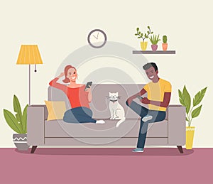 Young woman, afro american man look into the smartphones and cat  sitting on sofa in the living room. Vector flat style illustrati