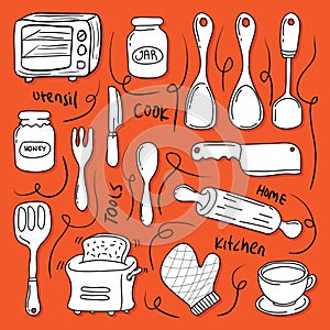 Kitchen utensils Doodle Icon set vector icon photo
