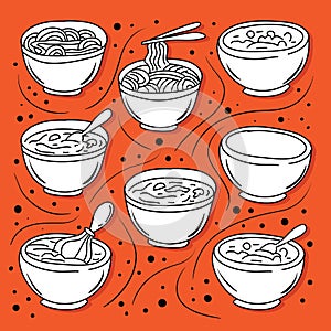 Doodle Soup and noodles icon set