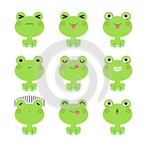 Set of cute cartoon green frog emoji set isolated on white background.