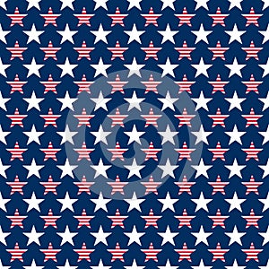 Abstract seamless vector pattern with white five pointed stars and stars with red stripes on blue background.