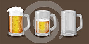 Three mugs of light beer with one full, one half-full and one empty