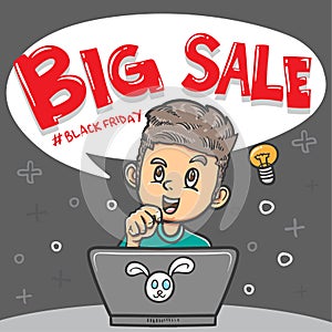 Boy character want to participate on blackfriday big sale illustration photo