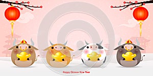 Happy Chinese new year 2021 greeting card. group of Little cow holding Chinese gold, year of the ox zodiac Cartoon isolated vector