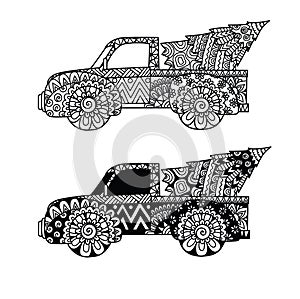 Two styles of Christmas truck for print, coloring book, Christmas ornament and so on. Vector illustration.