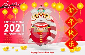 Happy Chinese new year 2021 the ox zodiac poster design with cute little cow firecracker and lion, dance the year of the ox