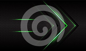 Abstract green light arrow direction on dark grey metallic circle mesh pattern design modern futuristic technology background vect