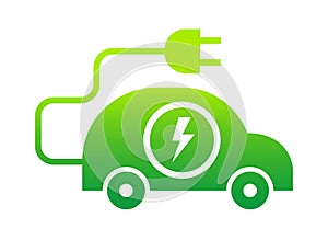 Green electric car with plug icon symbol, Hybrid vehicles charging point logotype, Eco friendly vehicle concept