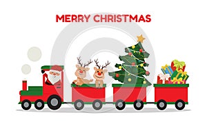 Cute santa and reindeer riding Christmas train. Winter holiday clip art. Train carrying presents and christmas tree.