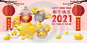 Happy Chinese new year 2021, little ox and lion dance holding chinese gold ingots, tyear of the ox zodiac,cute cow Cartoon