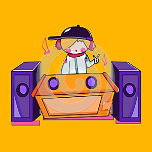 Cute disc jockey with speaker in chibi style