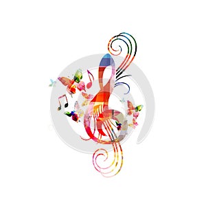 Colorful music promotional poster with G-clef isolated vector illustration. Artistic abstract background with treble clef for live