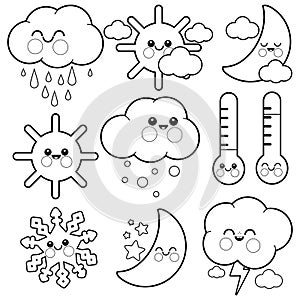 Cute weather icons. Sun, moon, clouds characters in seasons. Rain, snow and sunshine. Vector black and white coloring page