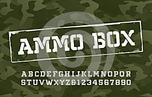 Ammo Box alphabet font. Damaged type letters and numbers on camo background.