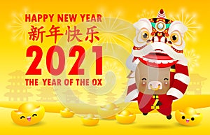 Happy Chinese new year 2021 the ox zodiac poster design with cute little cow firecracker and lion, dance the year of the ox