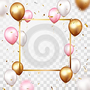 Celebration banner with gold confetti and balloons